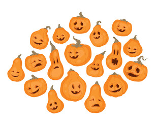 Pumpkin, Jack the lantern set. Autumn decorative design, Halloween. Isolated vector colorful element on a white background.