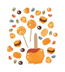Caramel. Toffee. Lollipops. An apple in caramel. Jelly candies. Isolated vector colorful element on a white background.