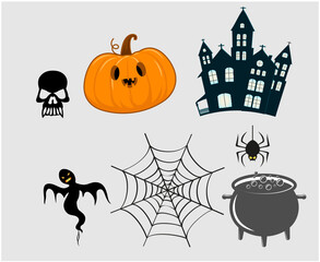 Abstract Happy Halloween Holiday Vector Objects Spider with Pumpkin Bat and Ghost
