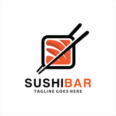 Sushi logo template. Vector Icon Style Illustration Logo of Asian Street Fast Food Bar or Shop, Sushi, Maki, Nigiri Salmon Roll with Chopsticks