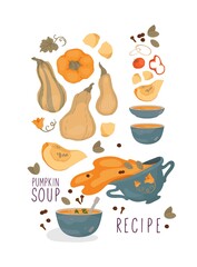 Autumn menu. Pumpkin soup. Ingredients for pumpkin recipes. Traditional dishes for celebrating Thanksgiving and the Harvest Festival. Big set.
