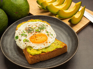 Toast with avocado and eggs served on a plate on vintage background. Top view. Space for text