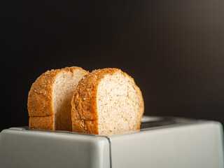 Rich and soft whole wheat bread in the toaster with a black background. Close-up photo. Space for text