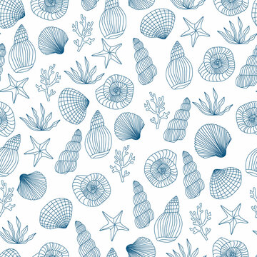 Seamless sea pattern with shell, starfish, seashell, coral, algae, seaweed. Ocean vector illustration.