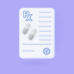 3d prescription pad rx paper. Doctor's form, diagnosis, medical list with medications. The concept of prescribing a dose of pills, capsule with signature on a prescription, receipt.Vector illustratior