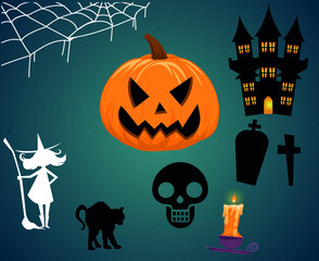 Abstract Happy Halloween 31 October Objects Background with Pumpkin Orange Housse and Spider Tomb Vector