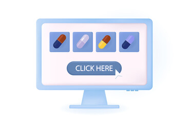 3d buying pills online. Selection, search and purchase of medicines on the website, pharmacy in the application online. Electronic delivery, sale of pharmacy by prescription on computer screen.Vector
