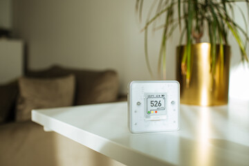 CO₂ sensor monitor. Indoor air quality sensor. Healthy work environment. Work control proper...