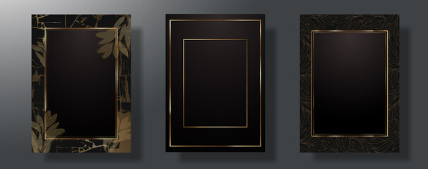 A set of three. Gold frame and leaves. Dark theme. Shine of metal on a dark background. Vector illustration.
