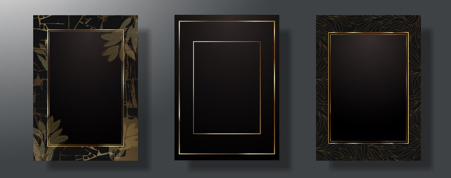 A Set Of Three. Gold Frame And Leaves. Dark Theme. Shine Of Metal On A Dark Background. Vector Illustration.