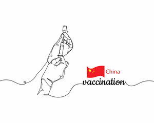 Continuous one line drawing of hand hold syringe vaccination coronavirus on background flag of China in silhouette on a white background. Linear stylized.