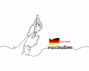 Continuous one line drawing of hand hold syringe vaccination coronavirus on background flag of Germany in silhouette on a white background. Linear stylized.