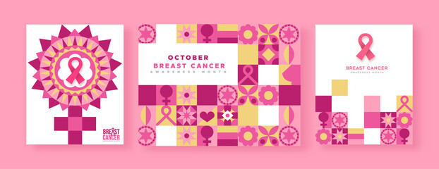 Breast Cancer awareness pink ribbon mosaic set