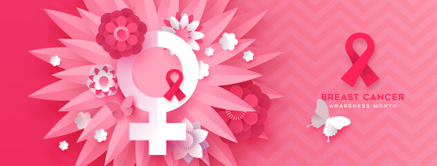 Breast cancer pink papercut flower symbol banner - obrazy, fototapety, plakaty