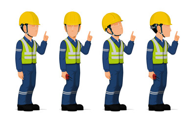 set of worker is pointing to something on white background