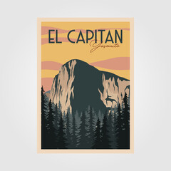 el capitan in yosemite vintage poster illustration design, yosemite travel print national park design - obrazy, fototapety, plakaty