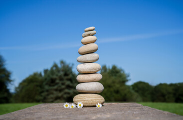 Fototapeta na wymiar Pebble tower with blurry green forest background,Stack of Zen rock stones on brick floor,Stones pyramid with daisy on the old rock stone symbolizing, stability, harmony balance