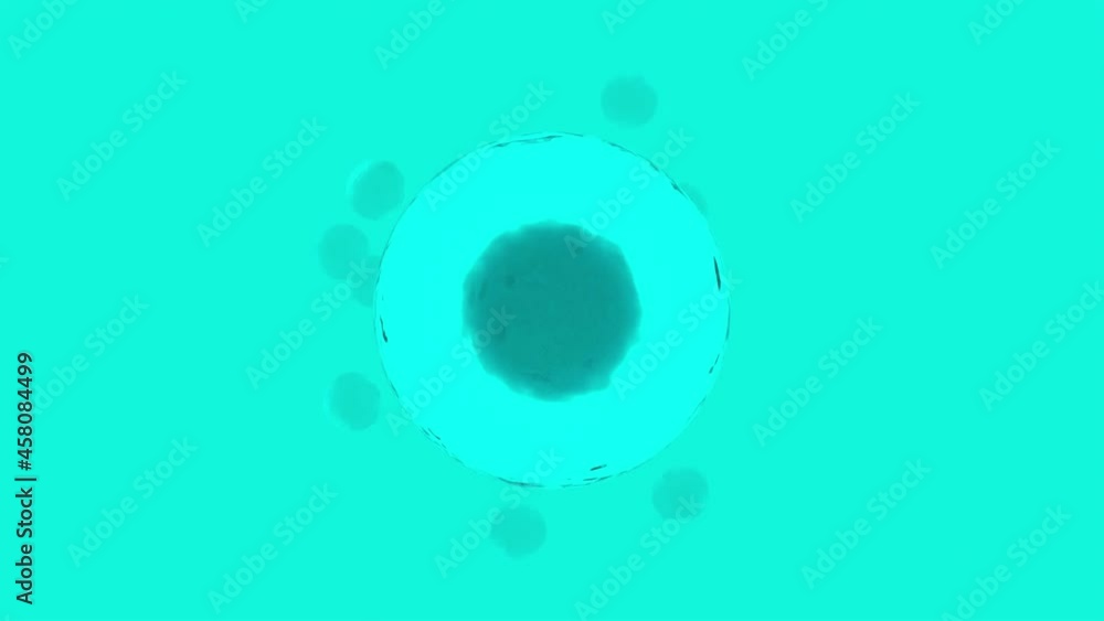 Poster abstract medical illustration of a cell and moving particles process. design. dark core inside and t