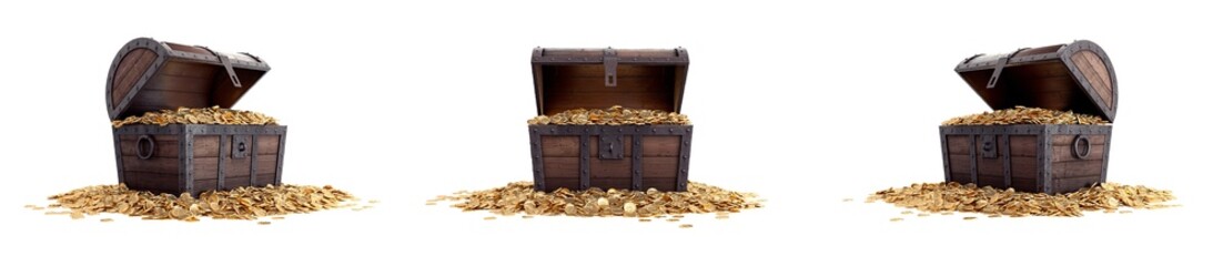 Open treasure chest overflowing with gold coins.  - obrazy, fototapety, plakaty