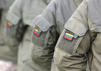 Lithuanian Armed Forces. Lithuania flag on soldiers arm. Lithuanian military uniform. Lithuania troops