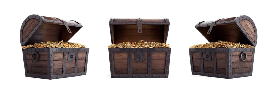 Open treasure chest overflowing with gold coins. Open treasure chest full of gold coins.