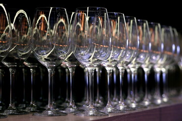 several wine glasses on a wooden shelf