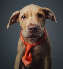 Brown colored purebred doggy weimaraner breed with necktie