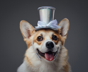 Glad and funny dog with silver top hat
