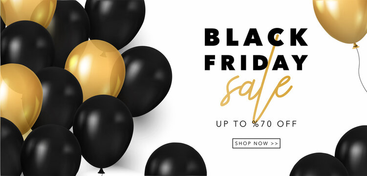 Black Friday Banner With White Background.  Black Friday Poster Template With Black And Gold Balloons. Vector Illustration Background For Banner, Poster, Cover, Header, Web, Social Media.