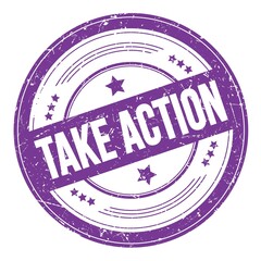 TAKE ACTION text on violet indigo round grungy stamp.