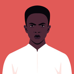 Avatar of an African angry guy. The portrait of an African student in a traditional clothes. Vector illustration in flat style