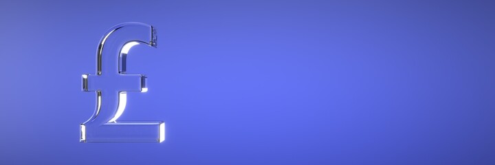 The symbol of the British currency is made of glass on a blue background. 3D visualization