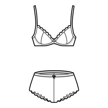 Set of lingerie - bra underwire and french knickers pants technical fashion illustration with escalloped edge. Flat brassiere template front, white color style. Women, men, unisex underwear CAD mockup