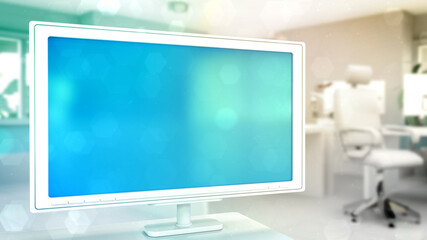 beautiful mockup - blue screen monitor in office with free space , conceptual object 3D rendering