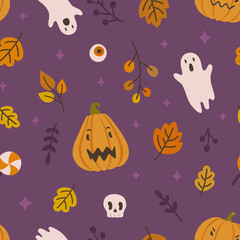 Obraz na płótnie Canvas Magic childish violet halloween pattern with ghost, pumpkin, autumn leaves. Seamless texture for textile, fabric, apparel, wrapping, paper, stationery.