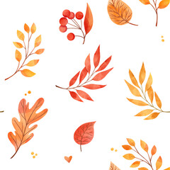 Watercolor background with fall leaves, acorns, berries. Forest design elements. Hello Autumn! Seamless pattern in warm colors. Perfect for fabric, wrapping paper, textile