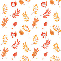 Fototapeta na wymiar Watercolor background with fall leaves, acorns, berries. Forest design elements. Hello Autumn! Seamless pattern in warm colors. Perfect for fabric, wrapping paper, textile