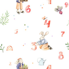 Watercolor floral seamless pattern with numbers, florals and bunnies. Botanical background with polka dots, greenery, characters. My little garden. Perfect for fabric, package, wrapping paper, textile