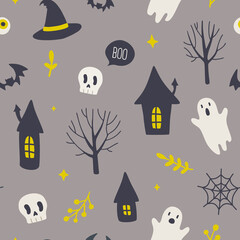 Obraz na płótnie Canvas Halloween night creepy house and trees silhouette pattern. Seamless texture for textile, fabric, apparel, wrapping, paper, stationery.