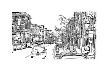 Building view with landmark of Kingstown is the capital of Saint Vincent and the Grenadines.. Hand drawn sketch illustration in vector.