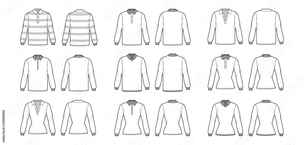 Sticker Set of Polo Shirts technical fashion illustration with long sleeves, tunic length, henley neck, fitted oversized body, classic collar. Apparel top outwear template front, back, white color. Women CAD - Stickers