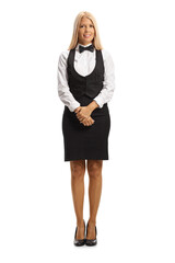 Fototapeta premium Full length portrait of a female waiter in a uniform posing