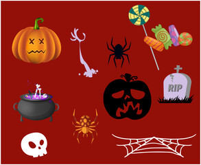 Abstract Happy Halloween Objects 31 October Background with Pumpkin Orange Candy Tomb and Spider Vector