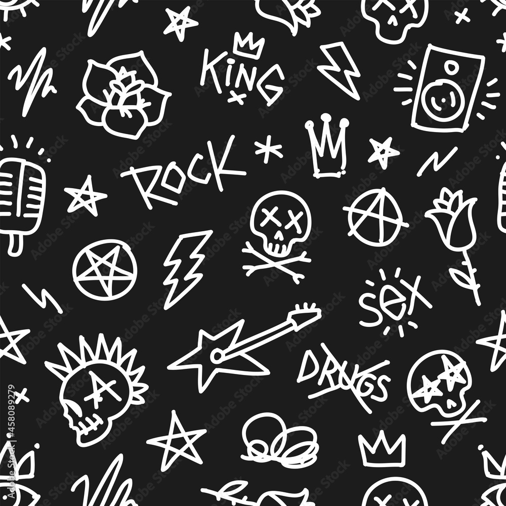 Poster rock n roll doodle style seamless pattern with punk and tattoo elements. endless fashion background 