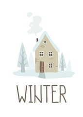Cute scandinavian house on winter snowy landscape. Print for wall art, apparel, card, textile, fabric, nursery, stationery, nursery.