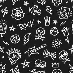 Rock n Roll doodle style seamless pattern with punk and tattoo elements. Endless fashion background isolated from black. Rock n Roll music pattern for Tee print design, print fabric texture