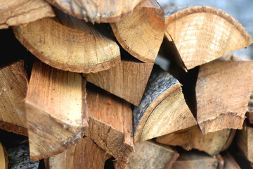 Stack of wood logs. Selective focus.