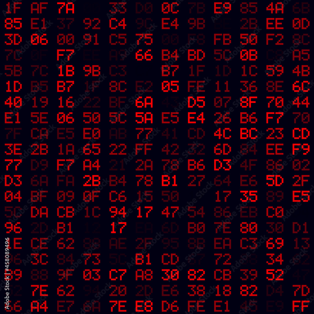 Poster abstract digital background featuring red filled hexadecimal pairs. a seamless pattern with a futuri