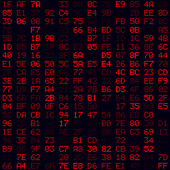 Abstract digital background featuring red filled hexadecimal pairs. A seamless pattern with a futuristic and technological concept.