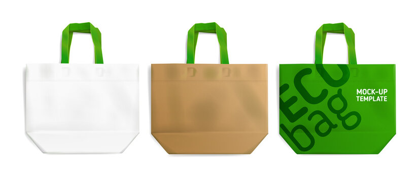Realistic vector shopping eco bag or package mockup set for brand identity design. White, green, brown paper and cotton eco bags for your logo presentation. Isolated on white illustration